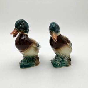 Vintage Ceramic Mallard Duck Figurines Pair Green Brown